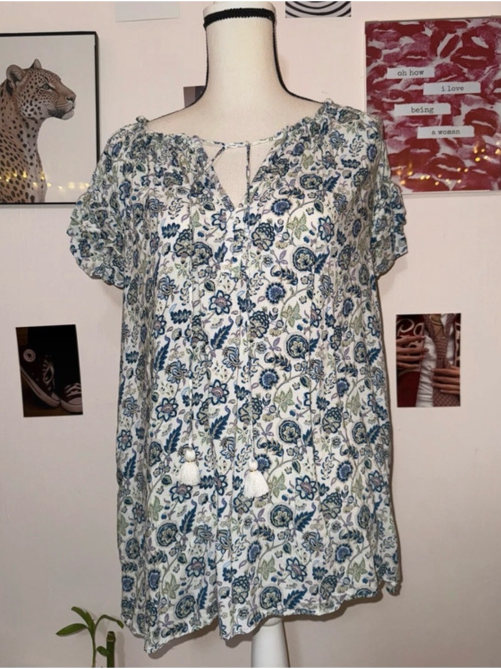 Rose & Olive Blue and White Floral Tie-Neck Tunic